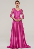Elegant Fuchsia Lace Satin Mother of the Bride Dresses V Neck 3/4 Long Sleeves Floor Length Wedding Guest Dress Party Gowns