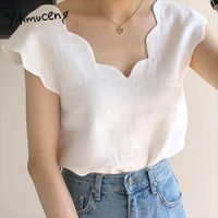 Kadın Bluzlar Gömlek Yitimuceng Beyaz Bluz Kadın Boy Rahat Kore Moda Kısa Kollu Ofis Bayan V Yaka Basit Tops 2021 Summ