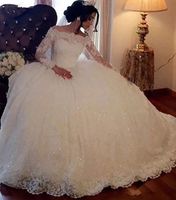 Cascading ruffles vestido de bola vestido de noiva mangas compridas lace apliques lantejoulas vestidos de noiva igreja formal plus size vestido de novia