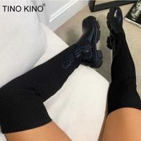 Women Long Boots Stretch Knitting Sock Shoes Autumn Ladies Over The Knee Boots Thick Heels Zipper Platform Female High Boots New Y1018
