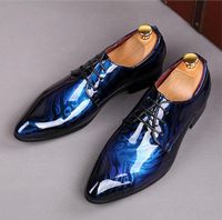 حذاء اللباس عارضة رجل بريق الملكي الأزرق طباعة شقة أوكسفورد رسمي مساء الزفاف sapato الاجتماعية masculino