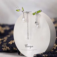 Thaya smalto donne orecchino verde occhiaia di bambù penzolare con perla retrò orecchini carini per le donne argento orecchino gioielli moda 211012