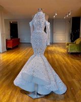 Atemberaubende Meerjungfrau Brautkleider High Hals Brautkleider Perlen Kristalle Afrikanische Dubai Lange Ärmel Robe de Soirée de Mariage