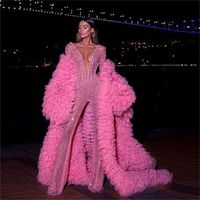 Deep V-ausschnitt Glitter Jumpsuit Elegante Abendkleid mit Rüschen Wrap Jacke Prom Kleidere Sparkly sexy Vestido de Novia