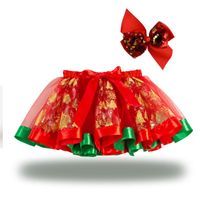 Etekler Altın Noel Ağacı Baskı Fiyonklu Mini Balo Ile Kırmızı Tül Balo Aldeskirt Parti Rave Festivali Tatlı Tutu Etek Kız Çocuk Giyim