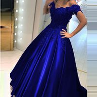 Royal Blue Ball Gown Prom Dresses Off the Shoulder Sequins Lace Appliques Beaded Corset Back Satin Evening Formal Dress New Vestido de festa
