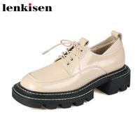 Dress Shoes Lenkisen Spring Sewing Causal Apricot Color Square Toe Non-slip Thick Med Heels Cow Leather Lace Up Online Star Pumps L56