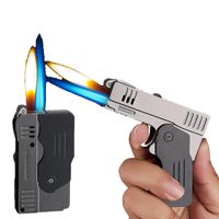 Creativity Double Fire Deformation Pistol Butane Torch Lighter Free Jet Windproof Cigarette Flint Grinding Wheel Lighters NO GAS