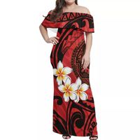 Artı Boyutu Elbiseler Hycool S-7XL Samoan Kırmızı Elbise Sıkı Kapalı Omuz Tribal Baskı Kadınlar Parti Hawaii Bodycon Maxi Düğün