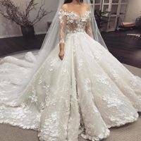 Великолепный Смотреть через топ 3d Appliques Свадебные платья Прозрачные Длинные рукава Кружева Бальное платье Свадебные платья 2021 Vestido de Novia