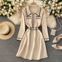 Lady Moda Örme Kazak Elbise 2021 Kadın Sonbahar Kış Retro Toka Bel Ince Uzun Kollu Vestidos Q464 Günlük Elbiseler
