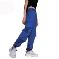 Women High Waist Blue Cargo Pants Fashion Loose Pockets Pant...