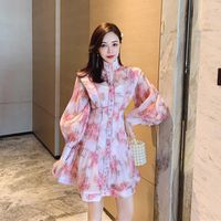 Vestidos casuales fiesta de manga larga vintage de alta cintura de lujo 2021 A-line Boho Print FLORAL Elegante mini vestido de primavera