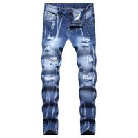 Men' s Jeans 2021 Multi- Hole Mid- Waist Youth Straight Wa...