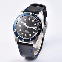 Relógios de pulso Sapphire Grystal 41mm Preto Dial Estéril Azul Bezel Assista Homens Couro Cinta Japão Miyota Pulso Automático