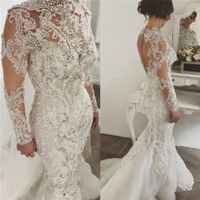 Luxurious Beaded Lace Mermaid Wedding Dresses Illusion Back Sheer Long Sleeves Plus Size Bridal Gowns Wedding Dress BC0097