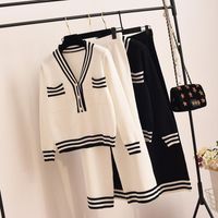 Fashion Ladies Two Piece Sets Black And White Color Block Kn...