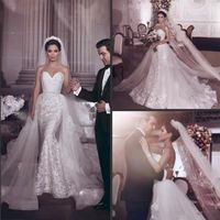 Sweetheart lace sereia vestidos de casamento 2022 com vestidos de cristal de cristal de trem destacável