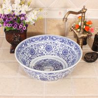 Ceramic porcelain wash basin Art Porcelain Bathroom Vessel Sinks Round above countertop wash basin blue and white