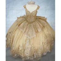2022 or de l'épaule Appliques à paillettes Quinceanera robe robe de bal de balle chérie à volants à niveau balnéd maine douce robe de fête