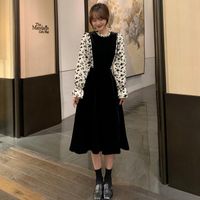 Casual Dresses Temperament Female Winter Black Velvet Dress Fashion Floral Sleeve Patchwork Stand Collar Women Party Lady Mid-Calf