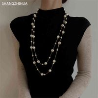 2022 South Korea Luxury High Imitation Pearl Long Double Sweater Chain Necklace for Women Fashion Unusual Jewelry Gifts