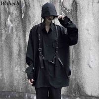 Gothic Punk Blouse Dames Man Harajuku Streetwear Korean Black Cool Lange Mouwen Shirt Riem Patch Hip Hop Blusas Losse Top 210519