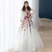 Вечеричные платья белый тюль выпускной платье V-образным вырезом блестки бисером цветочные с длинным рукавом вечер Элегантная свадьба гостевая женщина