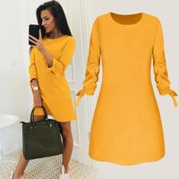 Kadın Moda O-Boyun Katı Yay Zarif Straigth Elbise Bahar Gevşek Mini Elbiseler 3/4 Kollu Rahat Artı Boyutu Rahat