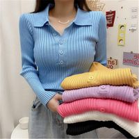 Suéteres de mujer Casual Otoño Básico Otoño Invierno Botón Suéter Mujer Manga Larga Turn-Down Cuello Soft Knit Pullovers Sólido Mujer Jersey Top
