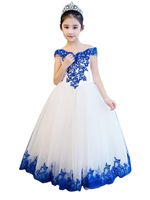 2022 Royal Blue Bianco Mini Pageant Quinceanera Abiti Bambini Off Spalla in rilievo Applique Tulle Flower Girl Dress Communion Comunione Compleanno Abiti da festa