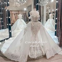 Princesa de luxo vestidos nupciais sereia vestidos de casamento com laço de trem destacável applqiuue robe de mariée vintage vestido de noiva