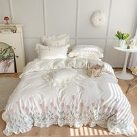 Conjuntos de cama Chic Tulip Girassóis Bordado Branco Para Meninas Quarto 800TC 100% Algodão Ultra Soft Duvet Capa Folha de Cama Fronhas