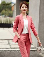 Мода розовая однородная конструкция карьера деловая работа носить костюмы брюки и куртки пальто с длинным рукавом профессиональные женские блейзеры установить женщин