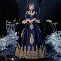 Födelsedagsfest klänning lång flare ärm marinblå blå spets medeltida renässans maskerade boll kappor teater kostymer casual klänningar