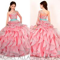 One shoulder long sleeve crystal Girl's pageant dresses 2016 kids stunning twist ruffles princess ball gown skirt flower girls dress RA1572