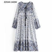 Bohemian Lace up V neck Blue White floral Print Dress Turquoise Red Ethnic Woman Tassel Long Sleeve Holiday Dresses 210429