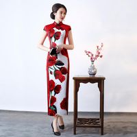 Ethnic Clothing Arrival Red Silk Vintage Print Flower Slim Long Cheongsam Plus Size 5XL Traditional Chinese Women Dress Lady Elegant Qipao