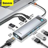 Baseus USB C Hub لمحول HDMI RJ45 SD / TF قارئ بطاقة USB3.0 PD 100W Type-C محطة الإرساء ل Macbook Pro Surface iPad Hab