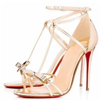 Летние женские сандалии на высоких каблуках красная подошва обувь роскошные патентные кожаные ремешки Т-образные лук узел открытый носок красные Soles Blakissima 100 мм сандалии