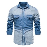 Männer Lässige Hemden 2021 Herbstloch Denim Männer Tasche 100% Baumwolle Hemd für Highqualität Langarm Kontrast Mens