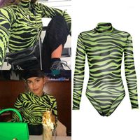 Women's Jumpsuits & Rompers Fashion 2021 Women Zebra Print Long Sleeve Turtleneck Short Romper Jumpsuit Stretch Body Suit Leotard Top Green