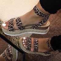Ретро женские сандалии леопардовые конопли плоские платформы женские женские женские туфли женщины повседневная пряжка ремешок женское лето новое 210324