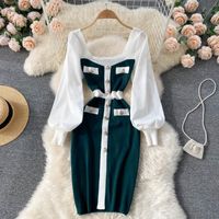 Günlük Elbiseler Singreiny Sonbahar Kış Örme Elbise Kadınlar Kare Yaka Uzun Kollu Elastik Ince Kore Moda Streetwear Kazak