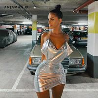 Metallic Silver Halter Backless Mini Dress Sexy Club Trajes para las mujeres verano 2021 Deep V Bodycon Vestidos D82-BI13 Casual