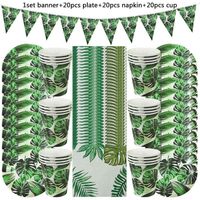 61ピースハワイアンルアウパーティー装飾ヤシの葉の使い捨て食器紙プレートカップ熱帯夏の誕生日パーティー結婚式の装飾Y1104