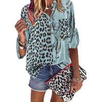 Elegante de pie de collar empalme de moda con estampado de leopardo impresión casual mujer suelta blusa túnica tops diario adulto botón largo manga larga mujer blou