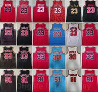 Erkekler Vintage Basketbol Scottie Pippen Mitchell Ness Jersey 33 Dennis Rodman 91 Michael 23 Şerit Siyah Kırmızı Beyaz Mavi Renk Takımı Retro Nefes Spor Hayranları için Nefes