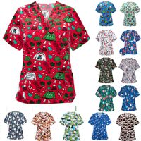 T-shirt das mulheres Scrubs de enfermagem de Natal T Shirt Tops Casual Manga Curta V-Pescoço Uniformes De Bolso