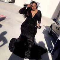 Mermaid Plus Size Prom Dresses Black Girls Lace Plunging V Neck Long Sleeve Evening Gowns With 3D Flowers 2022